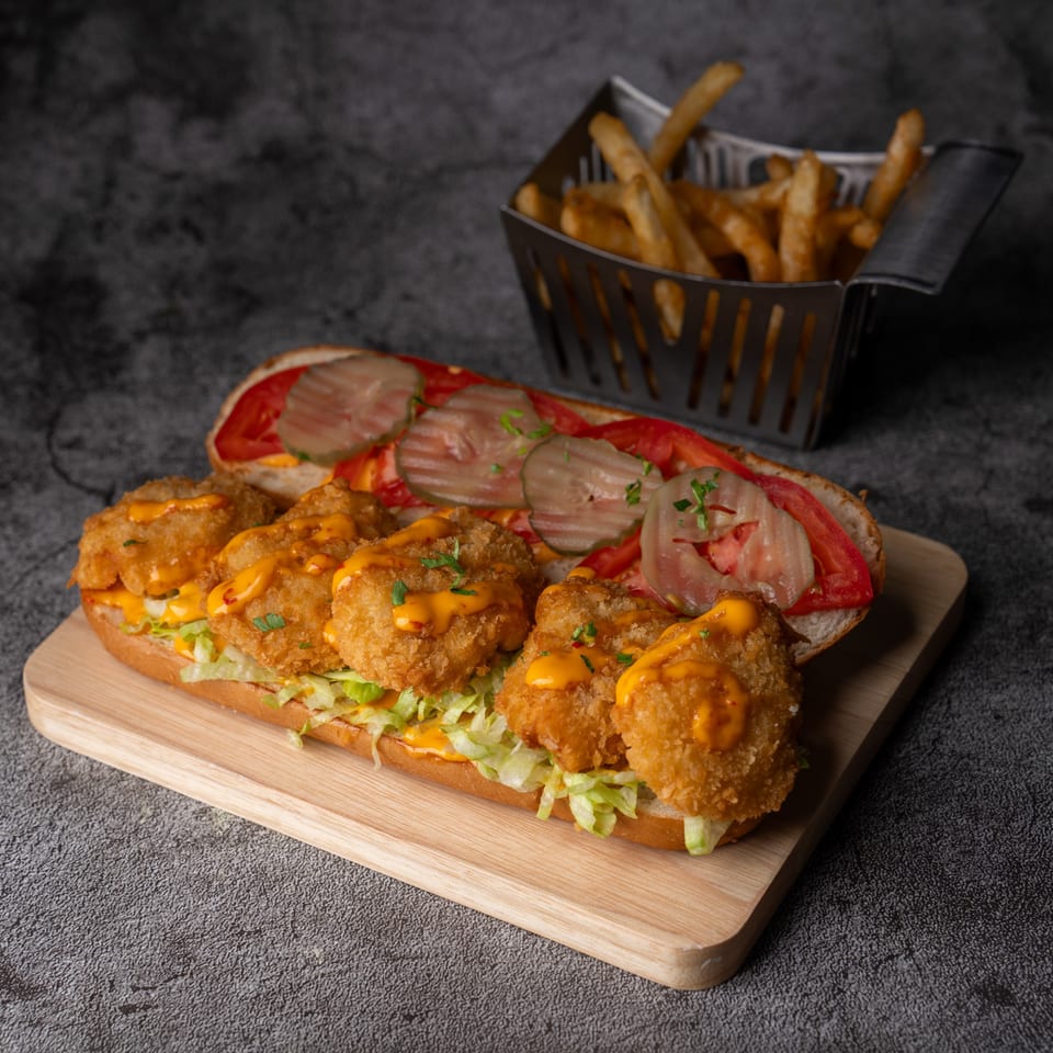 Shrimp po'boy sandwich with lettuce, tomatoes, pickles, and fries in a metal basket.