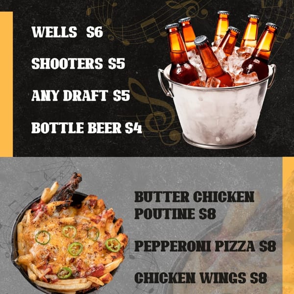 A menu with drinks like bottled beer in an ice bucket and food items like butter chicken poutine.
