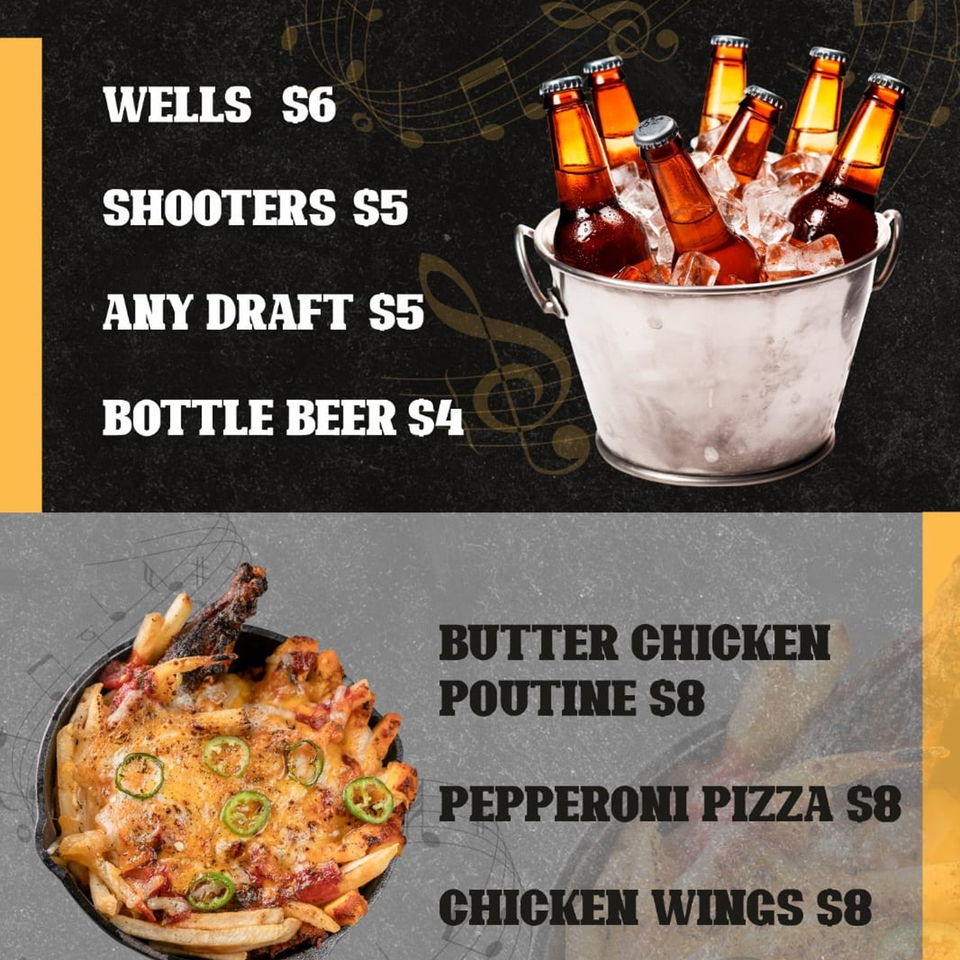 A menu with drinks like bottled beer in an ice bucket and food items like butter chicken poutine.