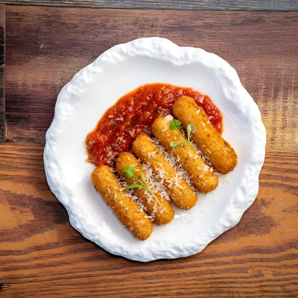 Golden-brown mozzarella sticks with marinara sauce, grated cheese, and fresh herbs on a white plate.